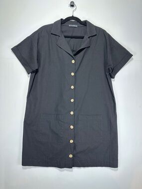 Zaful Cotton Blend Shirt Dress Black Button Front Short Sleeve Oversized Size S